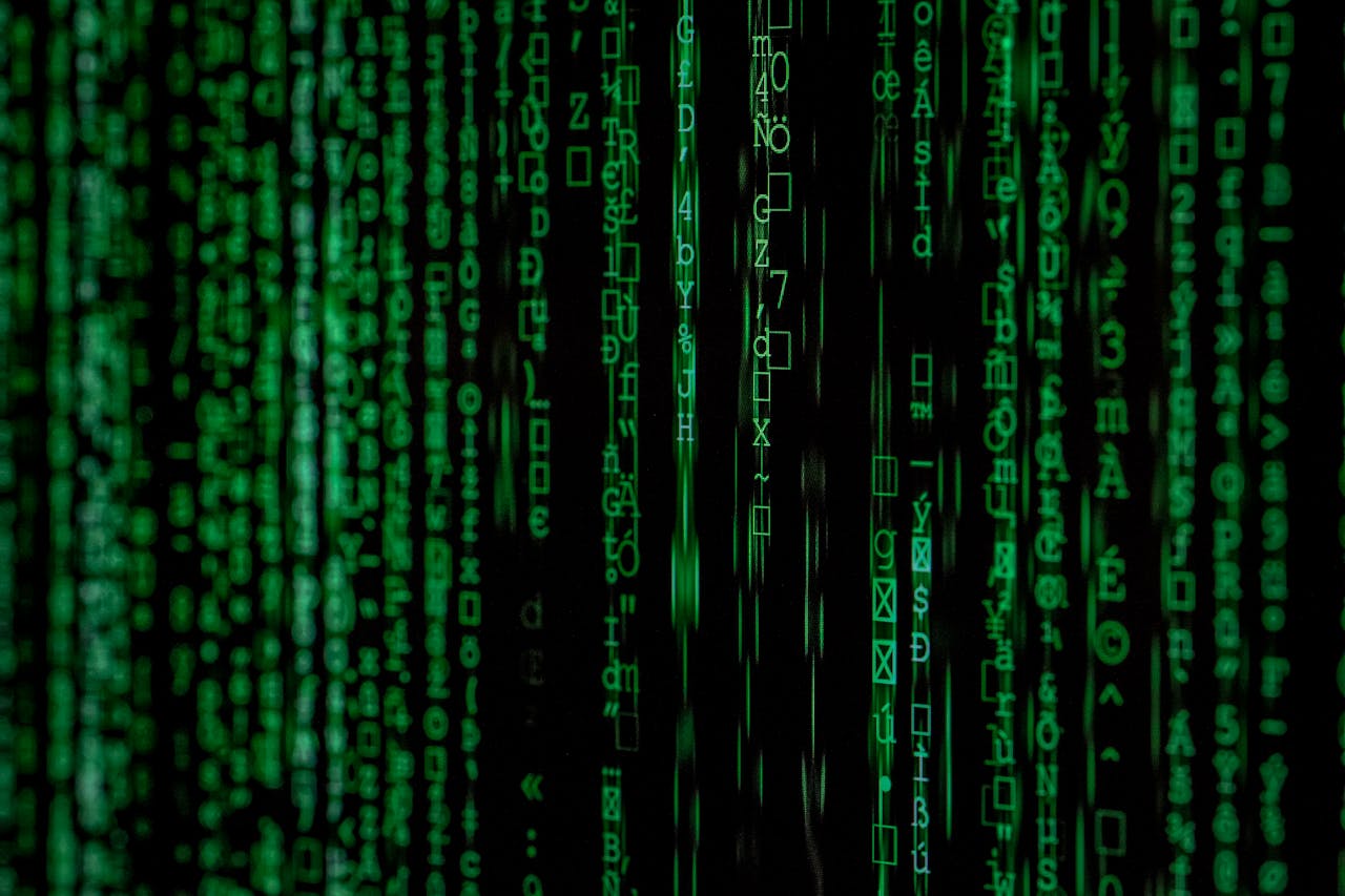 About Abstract green matrix code background with binary style.